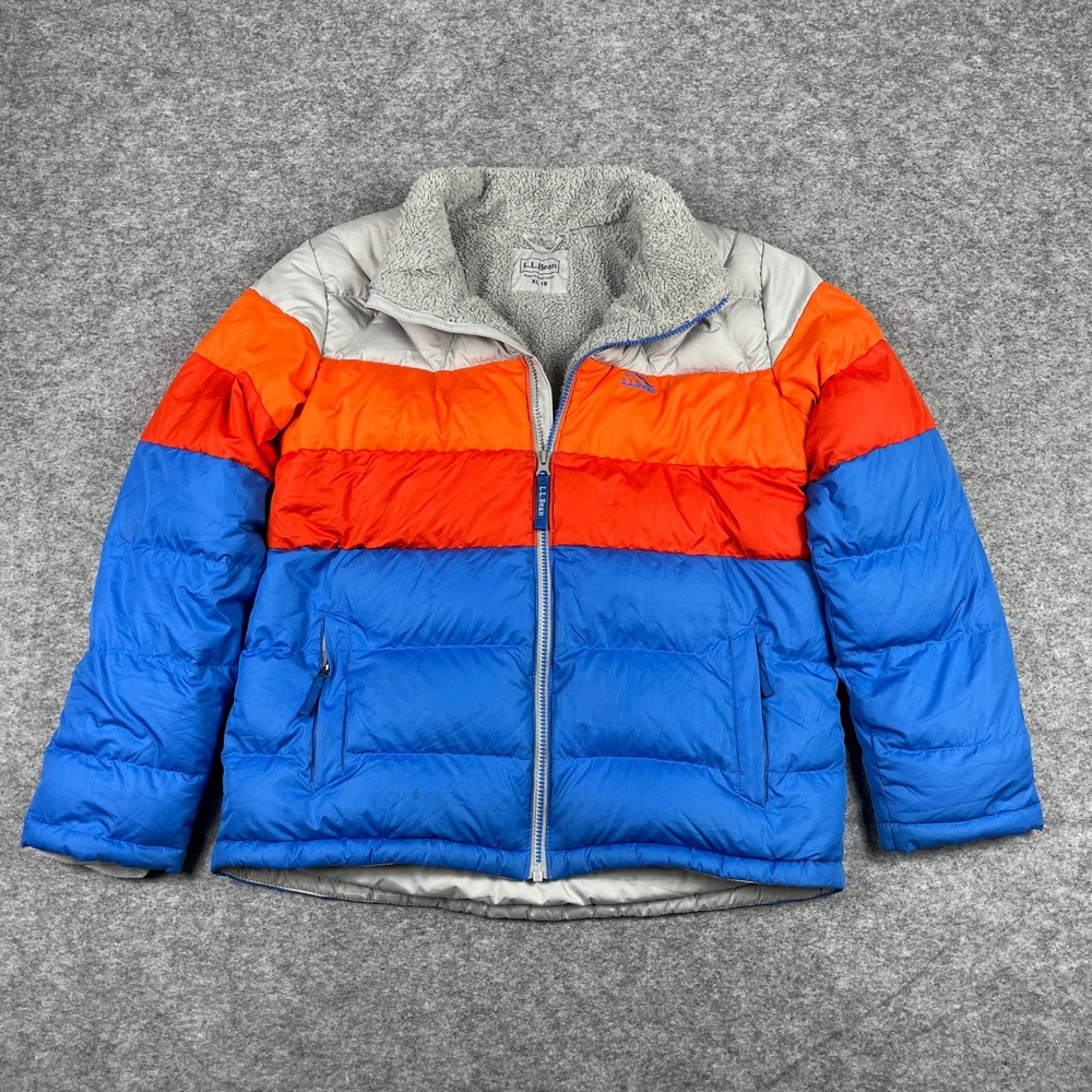 L.L. Bean Puffer Jacket Kids XL 18 Blue Orange Colorblock DownTek Fleece Lined